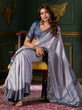 Attractive Dusty Blue Printed Dola Silk Event Wear Saree With Blouse