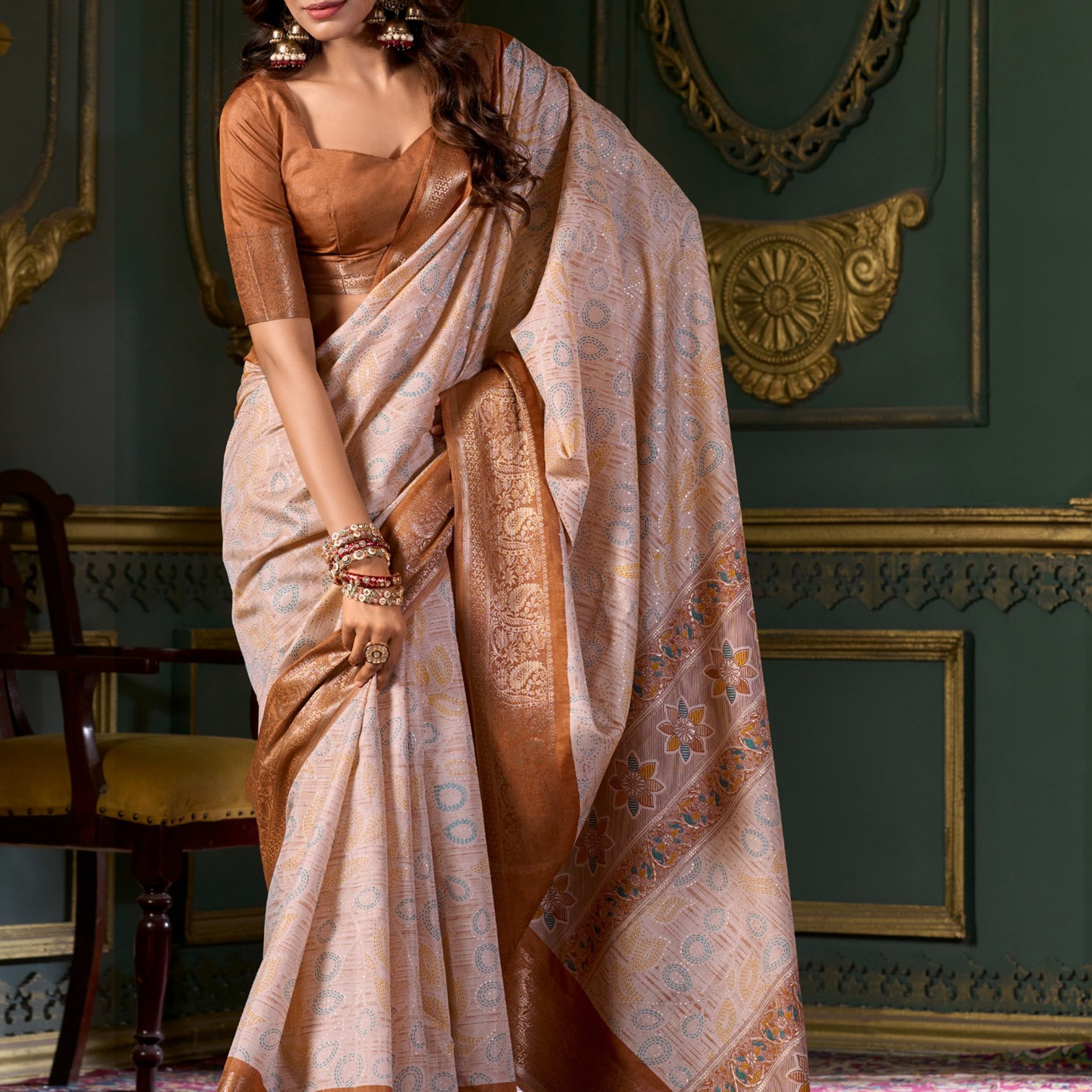 Marvelous Brown Printed Dola Silk Traditional Saree With Blouse