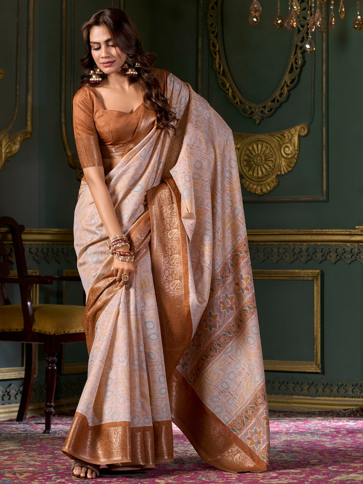 Marvelous Brown Printed Dola Silk Traditional Saree With Blouse