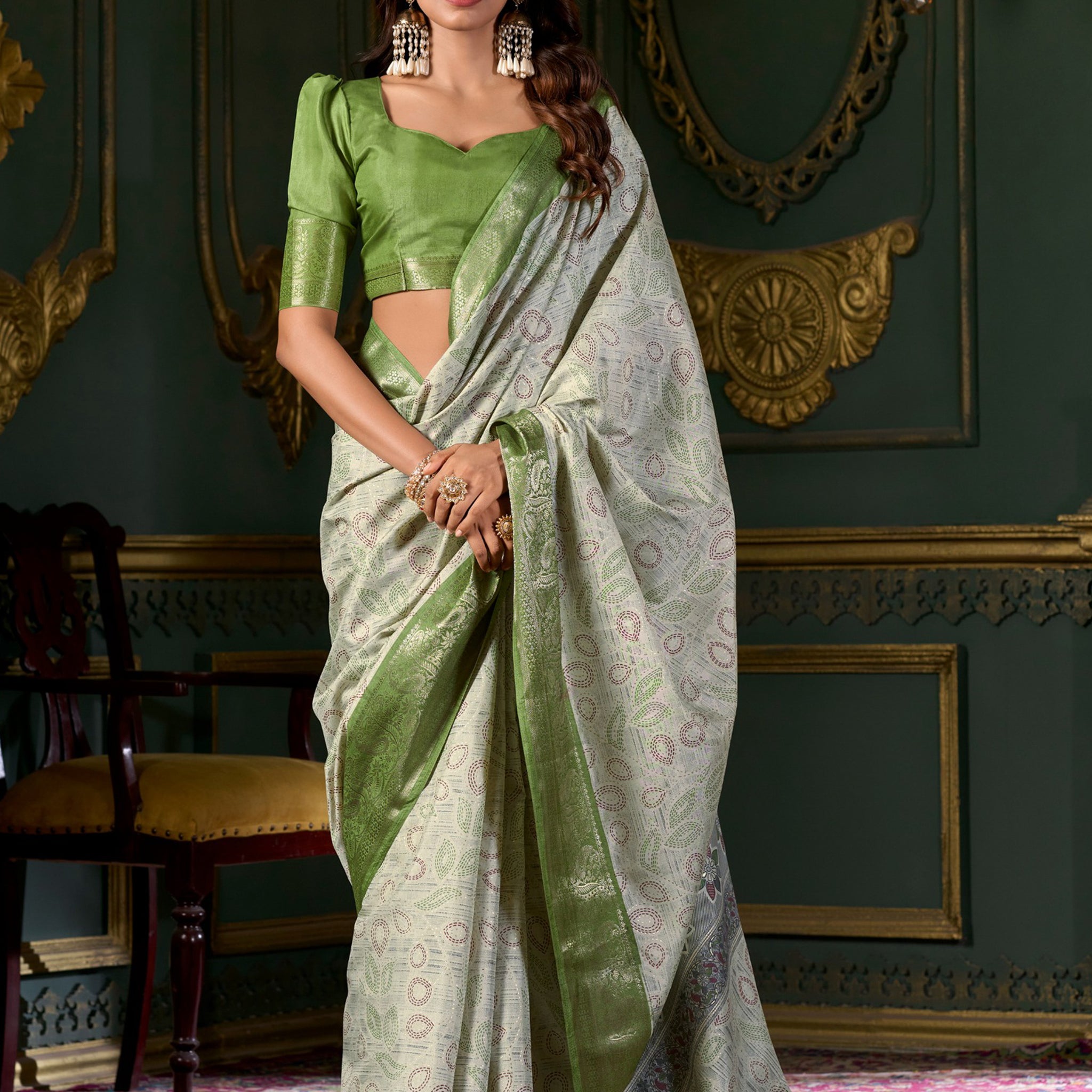 Adorable Olive Green Printed Dola Silk Mehendi Wear Saree With Blouse