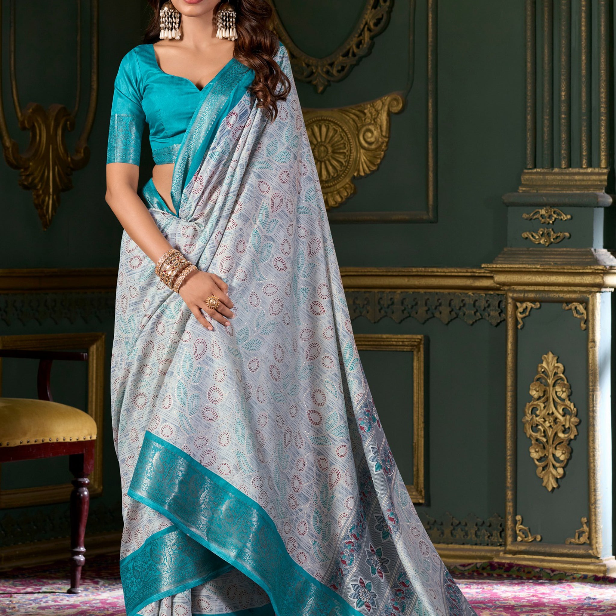 Amazing Teal Blue Printed Dola Silk Festival Wear Saree With Blouse