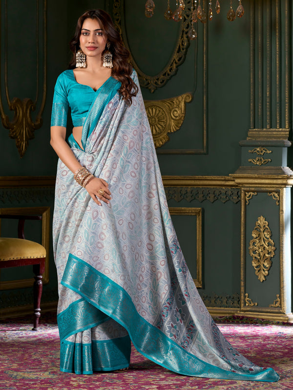 Amazing Teal Blue Printed Dola Silk Festival Wear Saree With Blouse