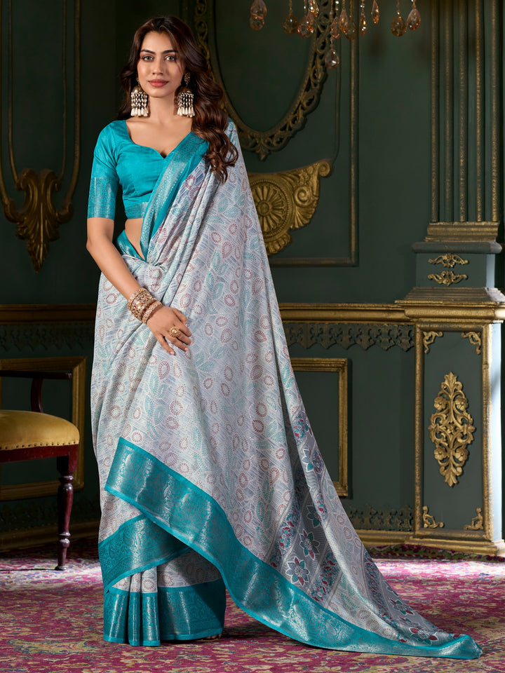 Amazing Teal Blue Printed Dola Silk Festival Wear Saree With Blouse