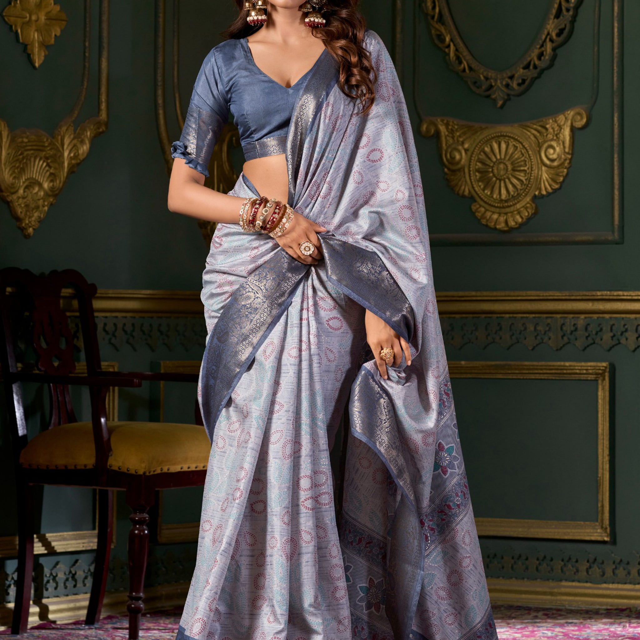 Attractive Dusty Blue Printed Dola Silk Event Wear Saree With Blouse