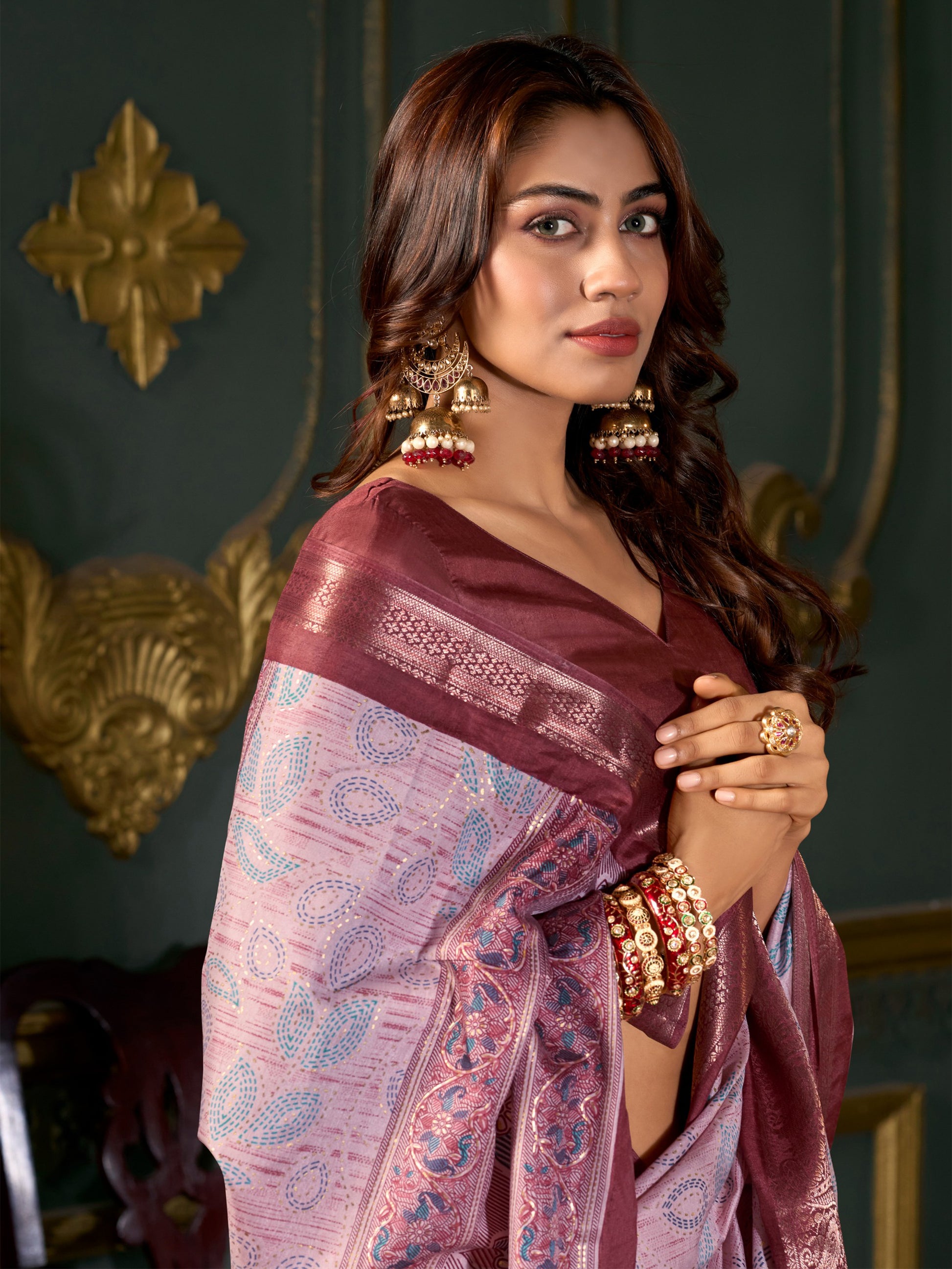 Gorgeous Maroon Printed Dola Silk Festival Wear Saree With Blouse
