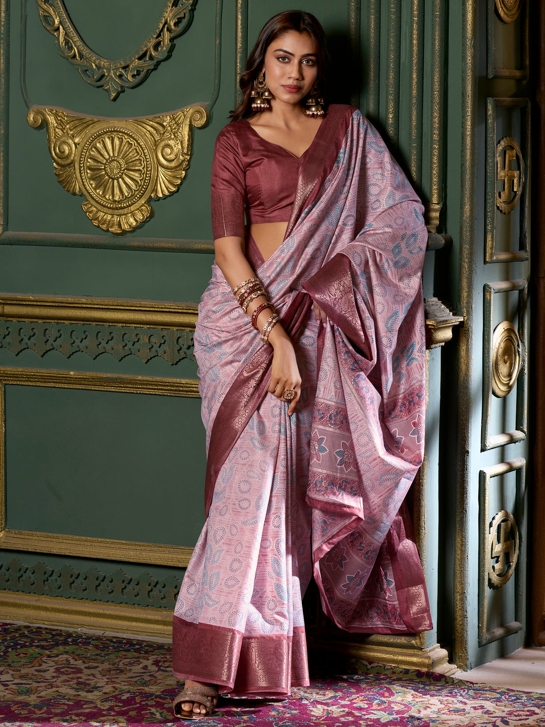 Gorgeous Maroon Printed Dola Silk Festival Wear Saree With Blouse