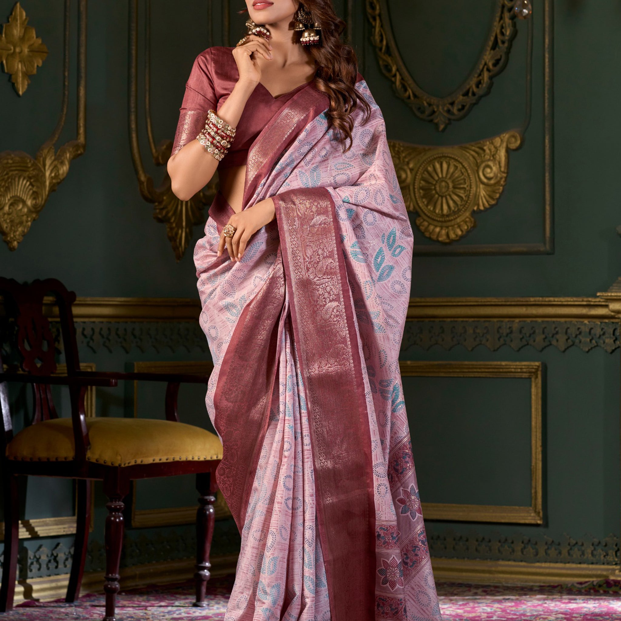Gorgeous Maroon Printed Dola Silk Festival Wear Saree With Blouse