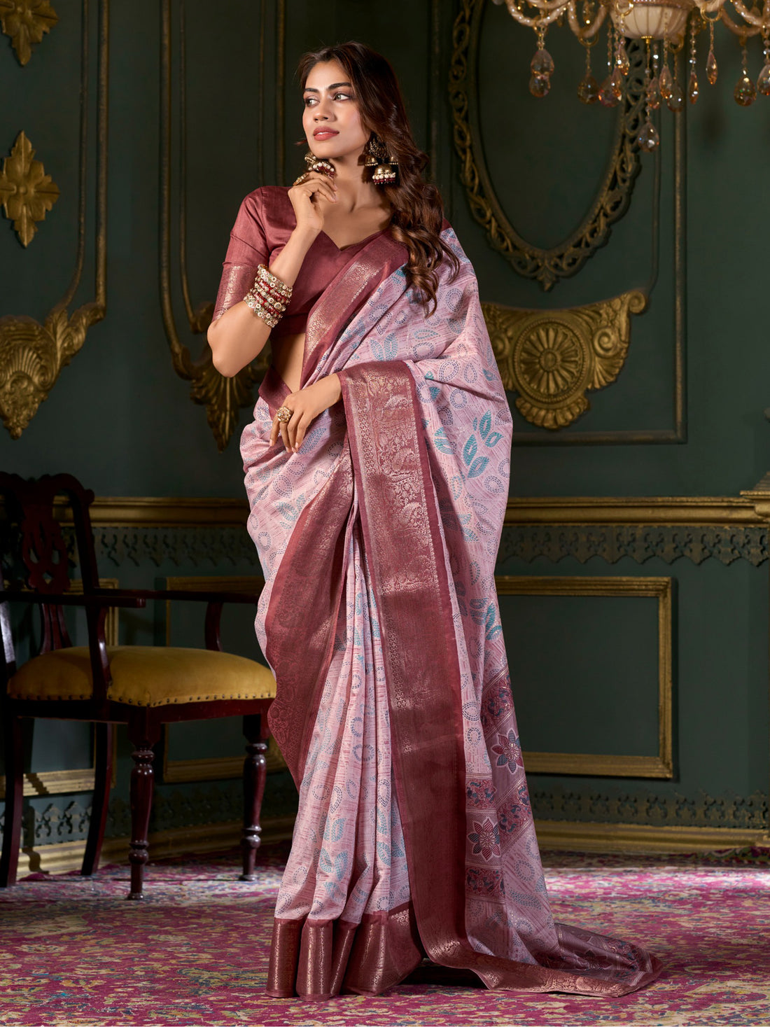 Gorgeous Maroon Printed Dola Silk Festival Wear Saree With Blouse