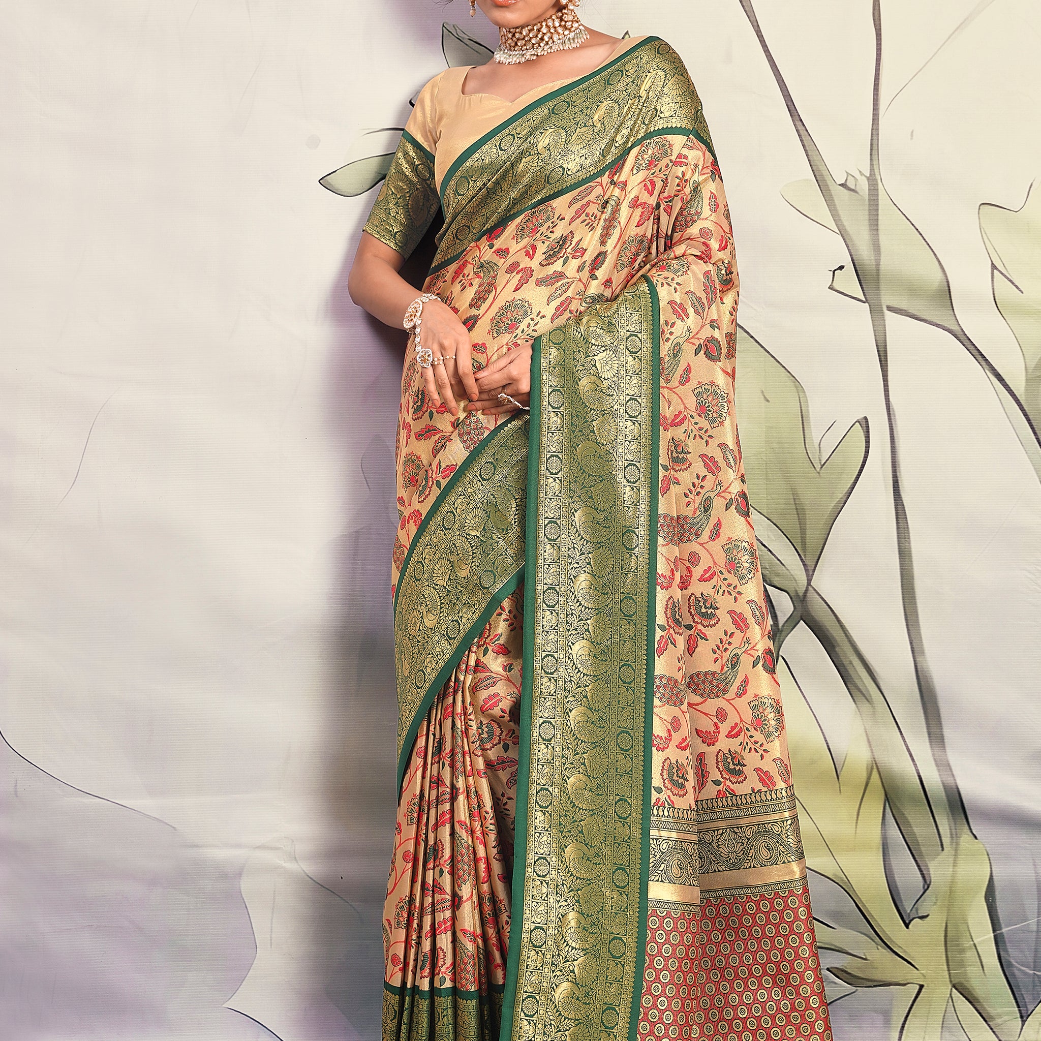 Outstanding Green Printed Silk Festival Wear Saree With Blouse