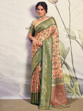 Outstanding Green Printed Silk Festival Wear Saree With Blouse