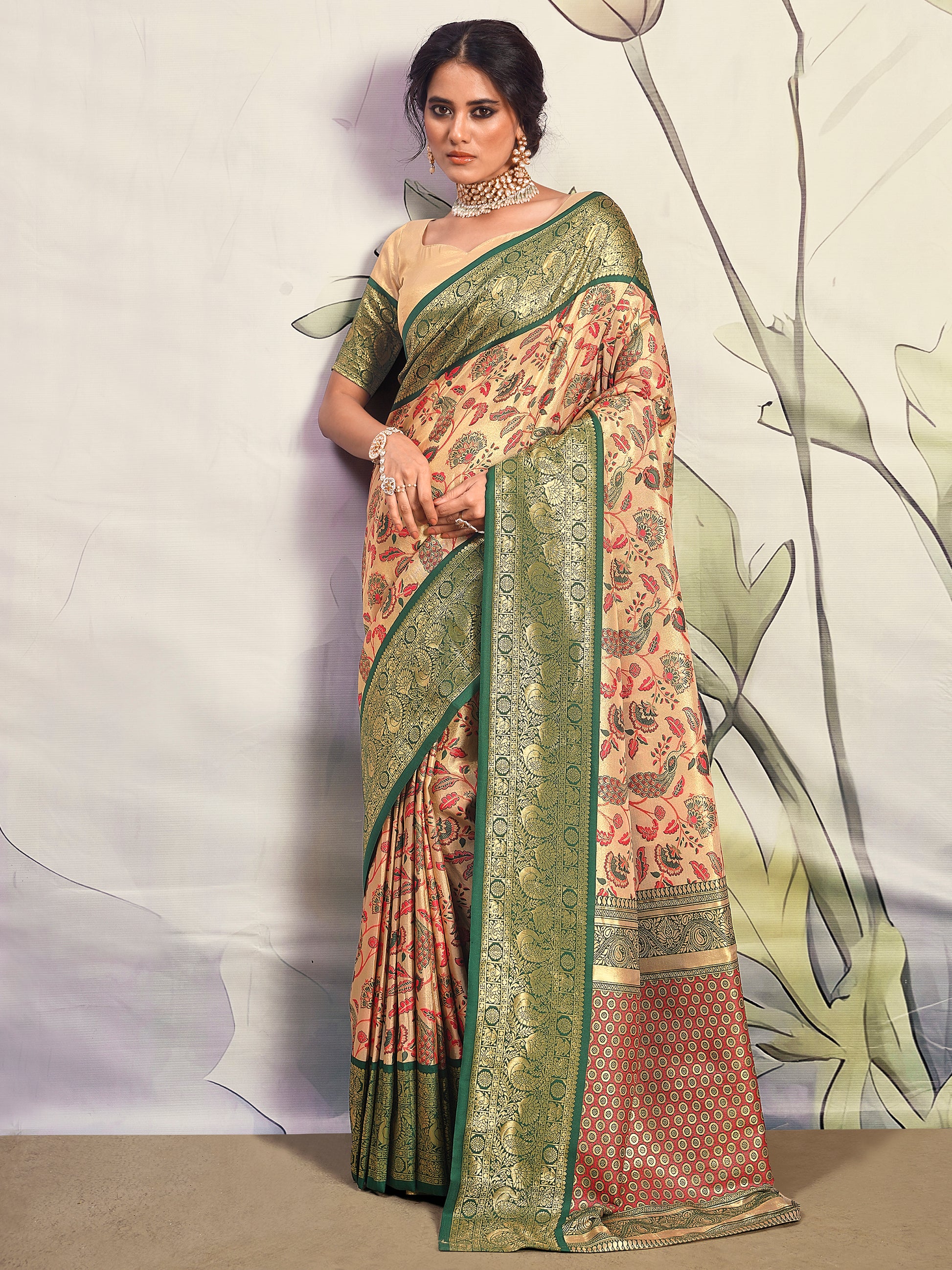 Outstanding Green Printed Silk Festival Wear Saree With Blouse