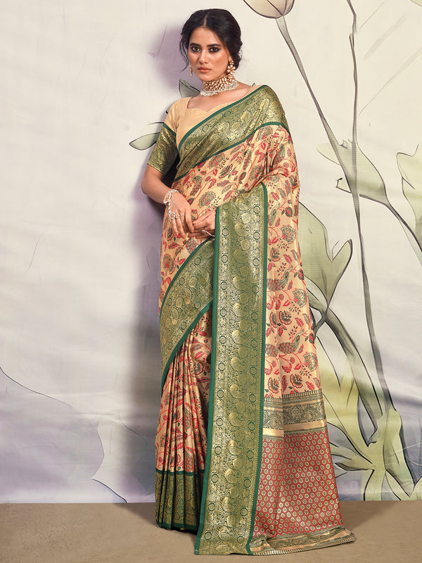 Outstanding Green Printed Silk Festival Wear Saree With Blouse