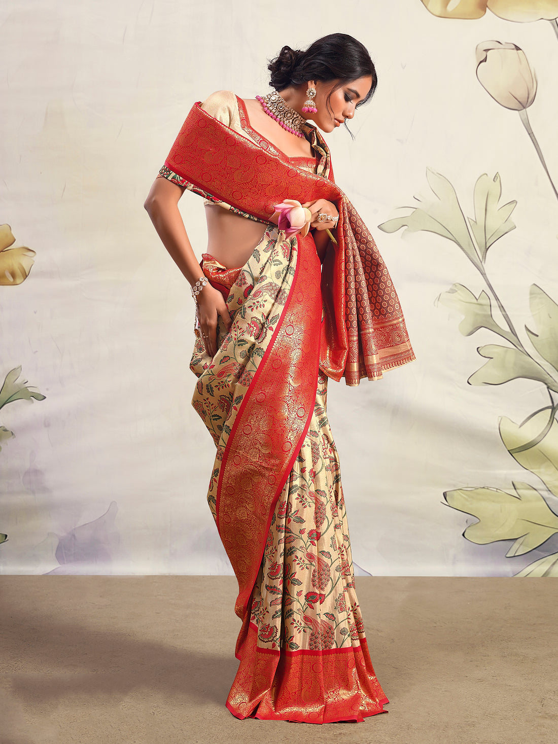 Incredible Cream Zari Weaving Silk Traditional Saree With Blouse