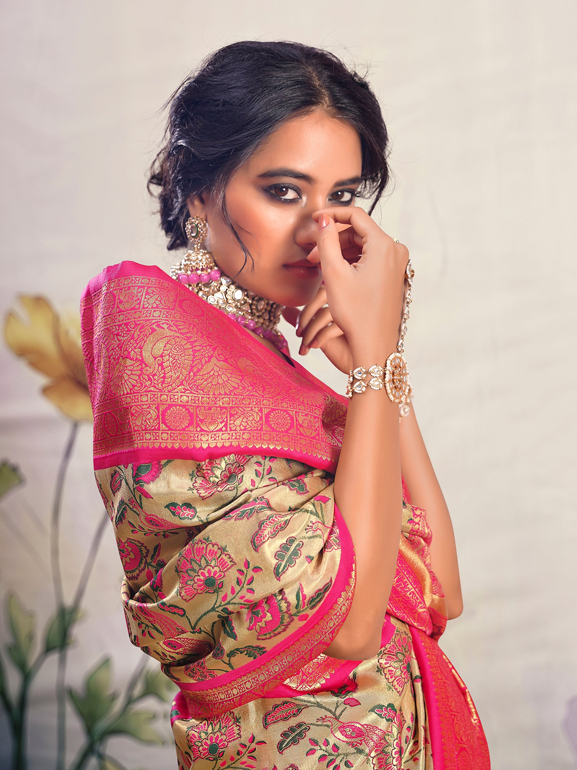 Gorgeous Pink Zari Weaving Silk Event Wear Saree With Blouse
