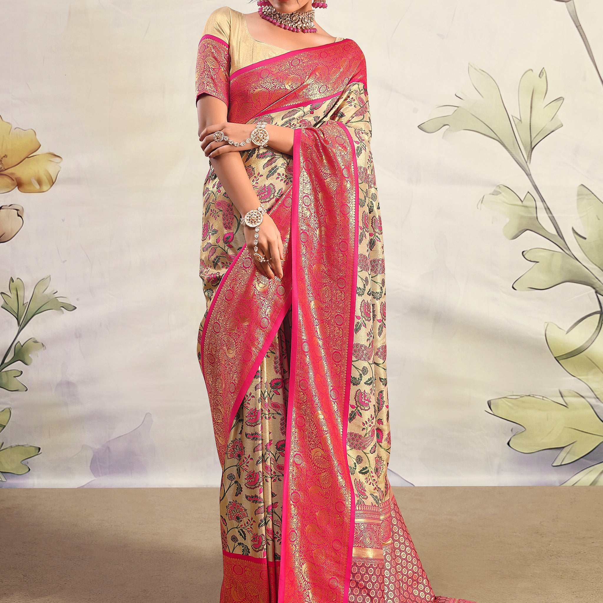 Gorgeous Pink Zari Weaving Silk Event Wear Saree With Blouse