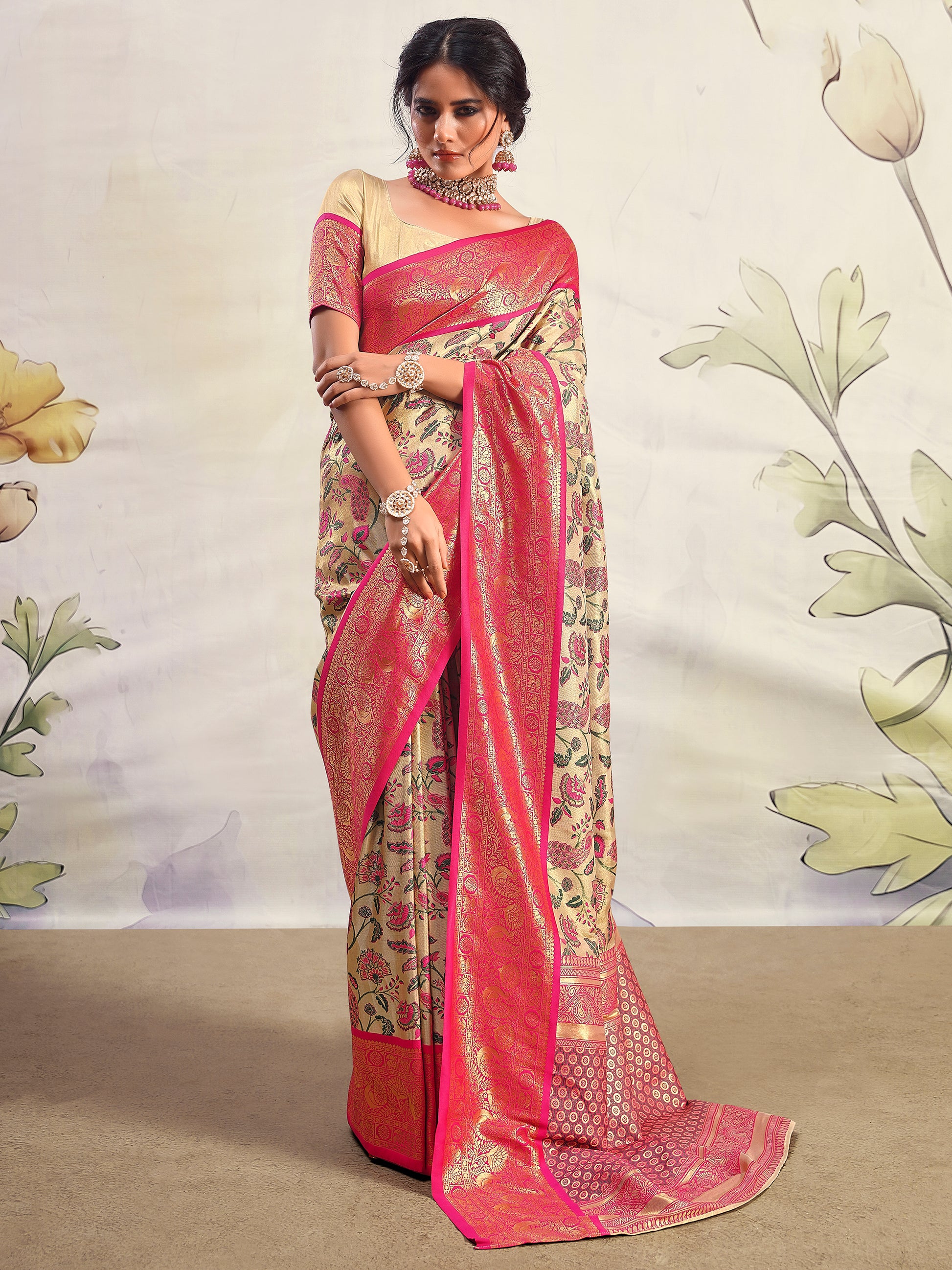 Gorgeous Pink Zari Weaving Silk Event Wear Saree With Blouse