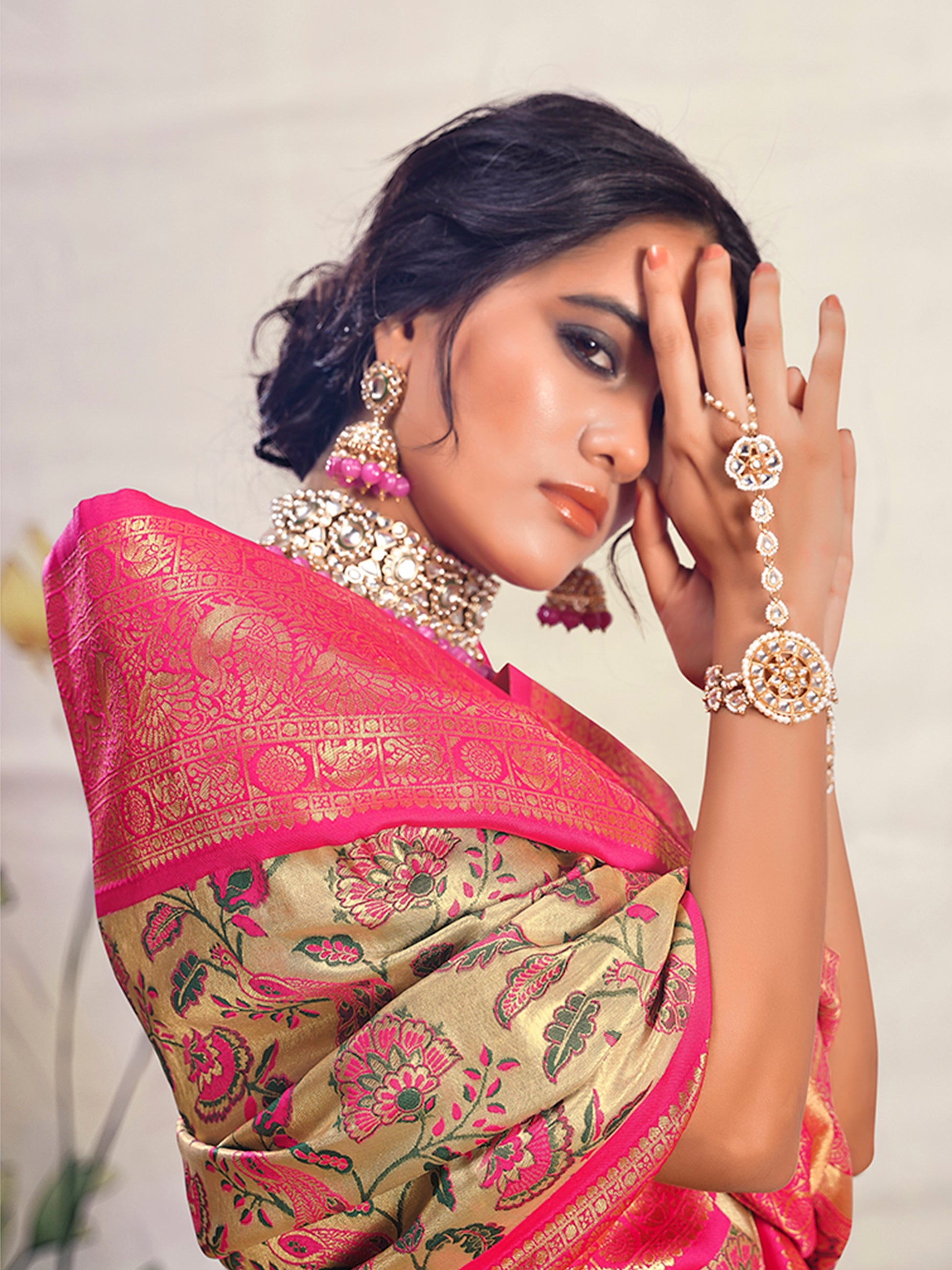 Gorgeous Pink Zari Weaving Silk Event Wear Saree With Blouse