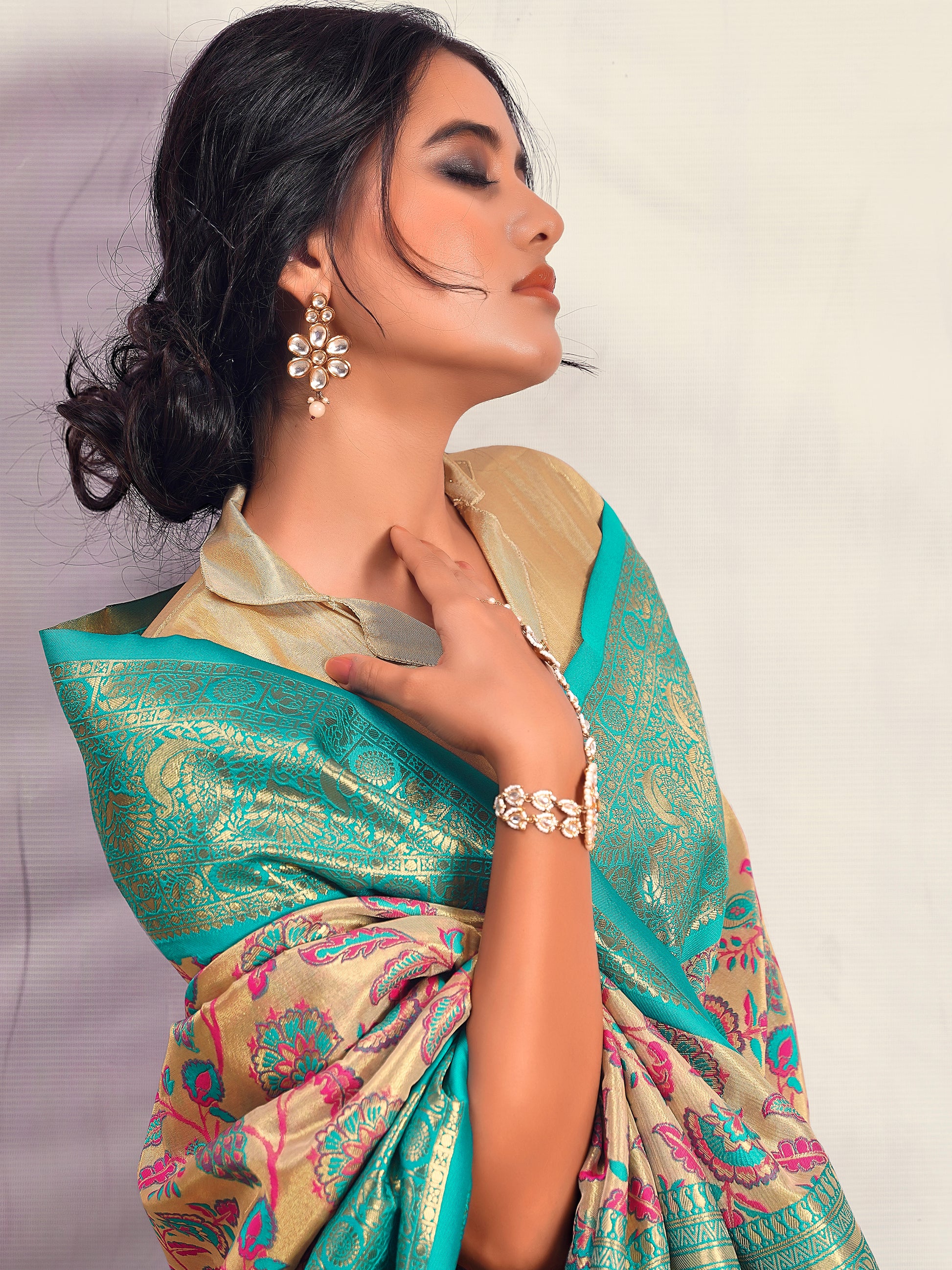 Astonishing Turquoise Blue Printed Silk Saree With Blouse