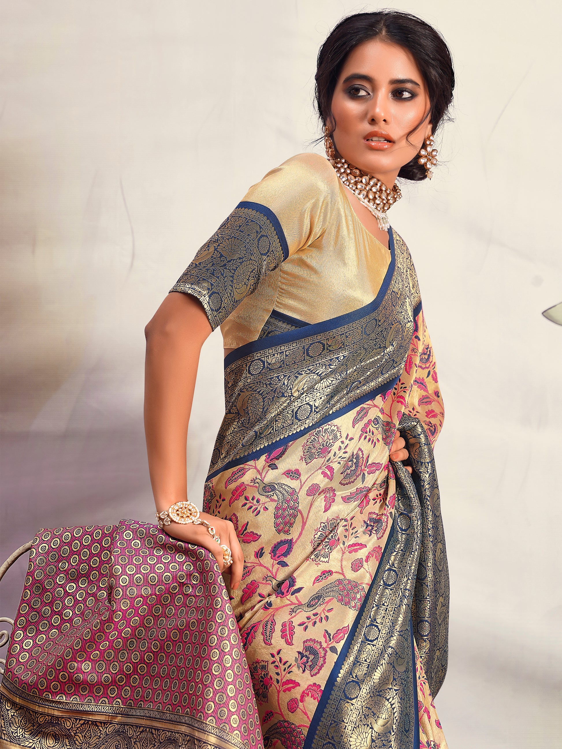 Stunning Navy Blue Printed Silk Festival Wear Saree With Blouse