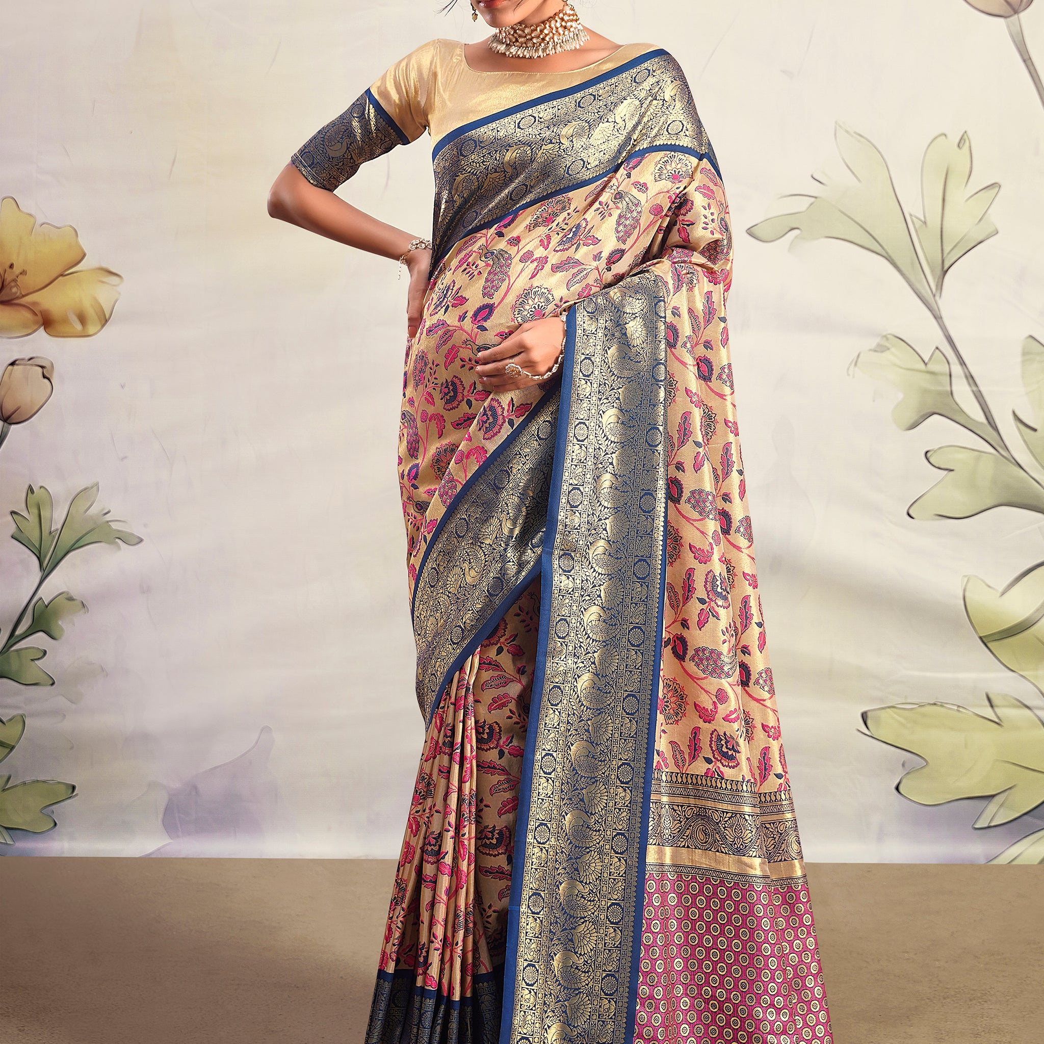 Stunning Navy Blue Printed Silk Festival Wear Saree With Blouse
