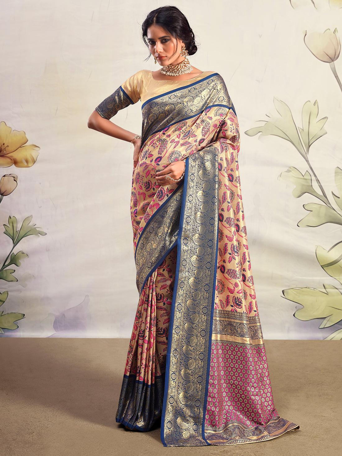 Stunning Navy Blue Printed Silk Festival Wear Saree With Blouse