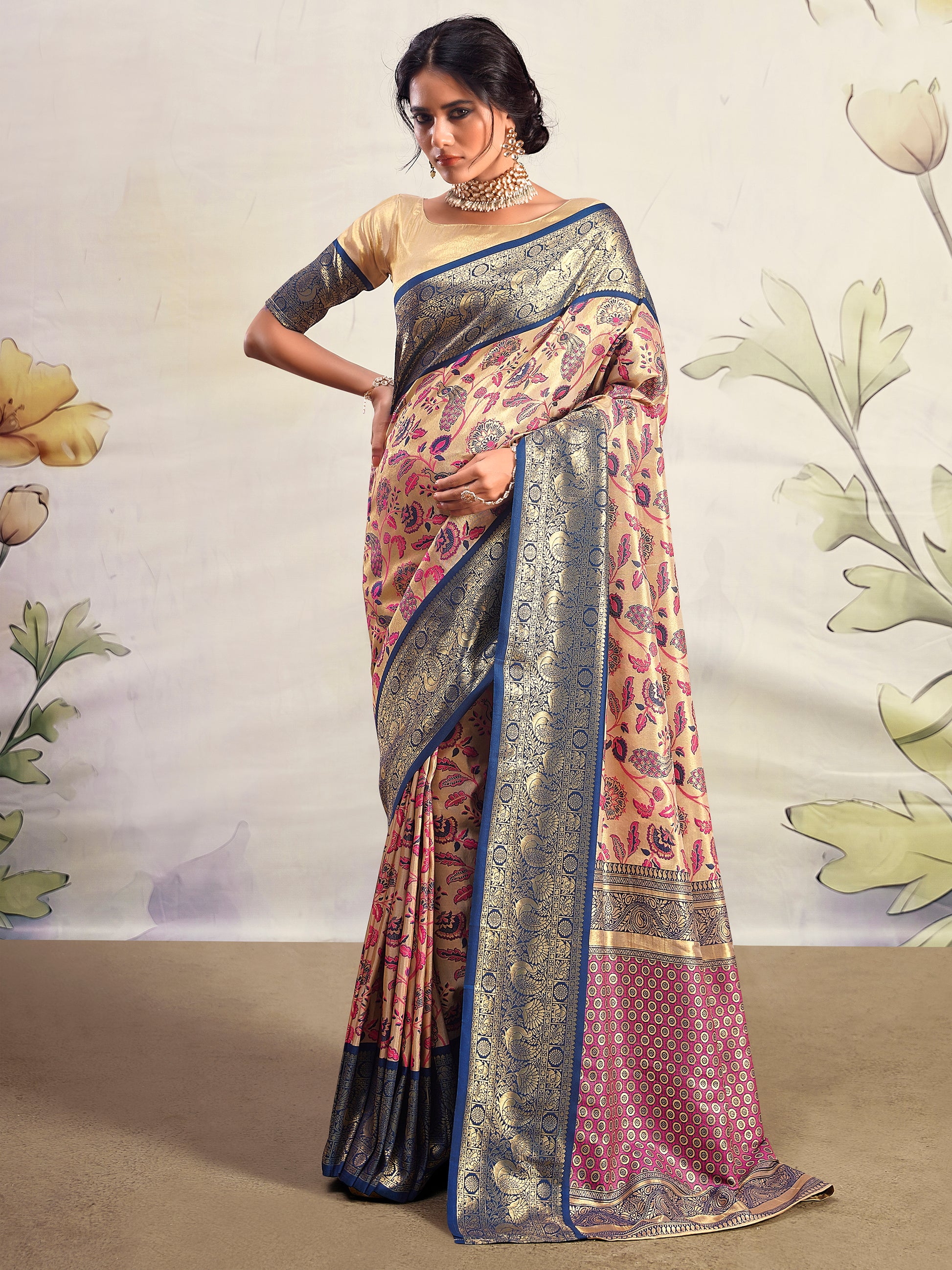 Stunning Navy Blue Printed Silk Festival Wear Saree With Blouse