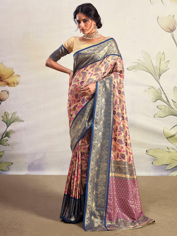 Stunning Navy Blue Printed Silk Festival Wear Saree With Blouse