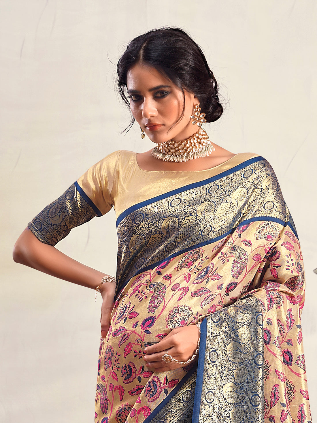 Stunning Navy Blue Printed Silk Festival Wear Saree With Blouse