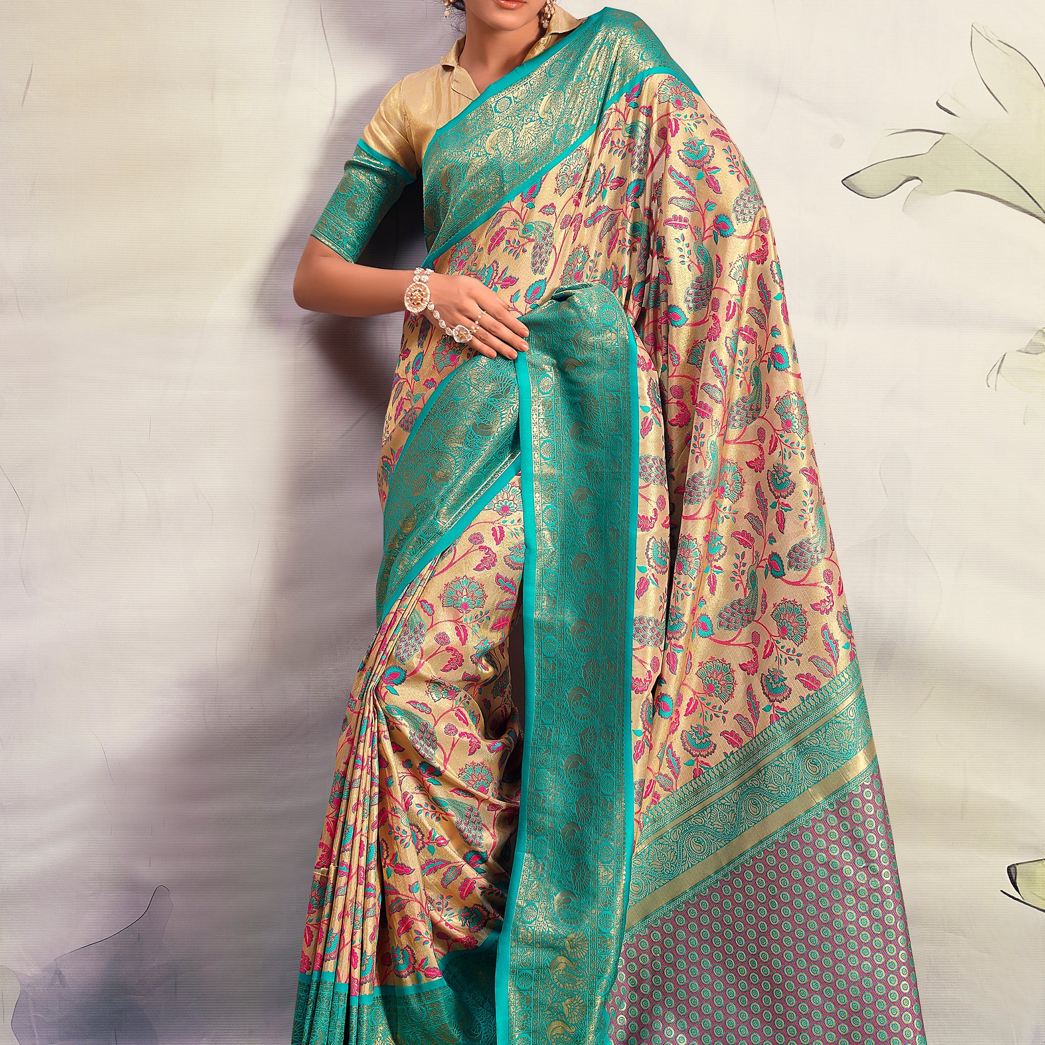 Astonishing Turquoise Blue Printed Silk Saree With Blouse