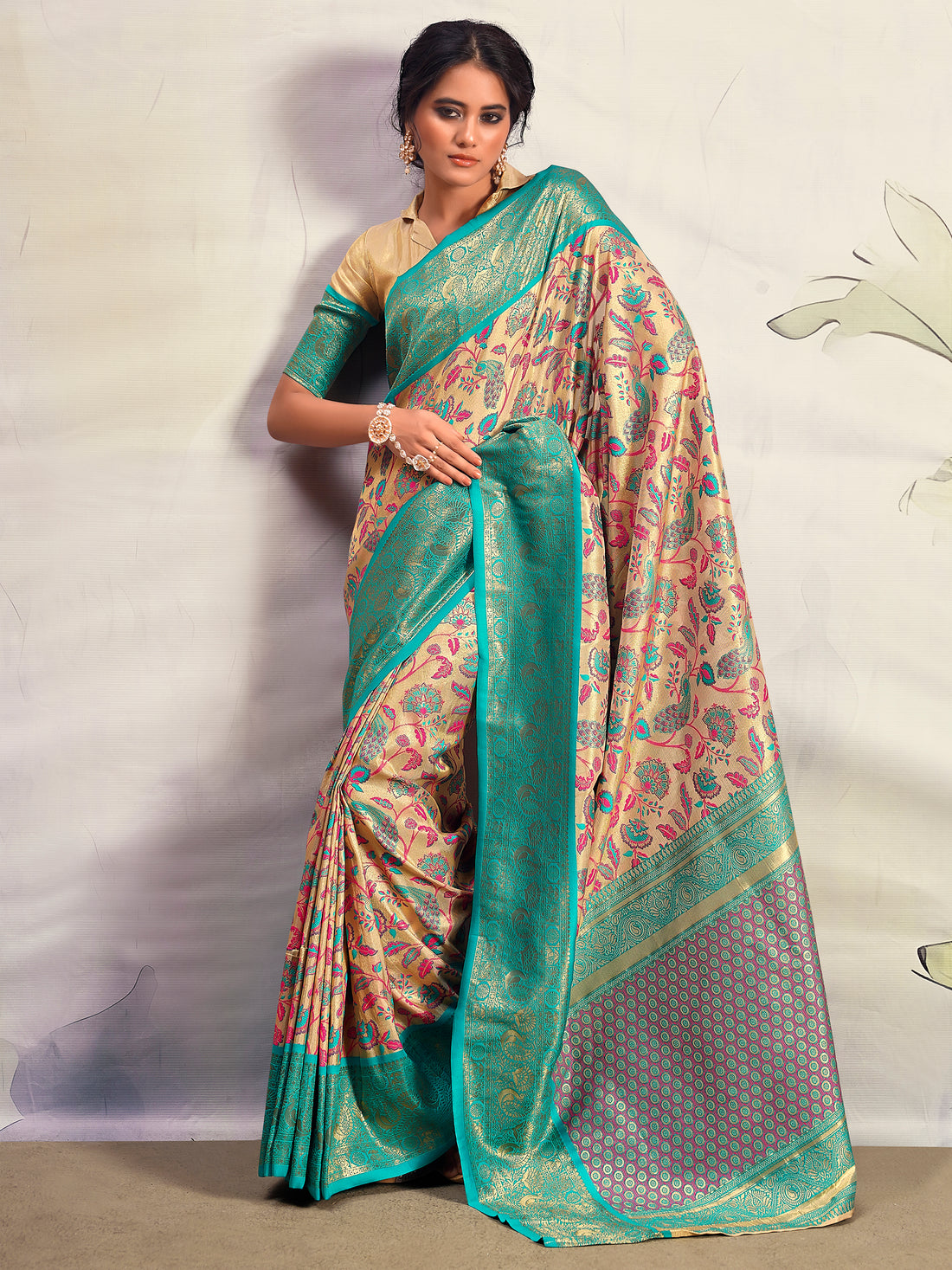 Astonishing Turquoise Blue Printed Silk Saree With Blouse
