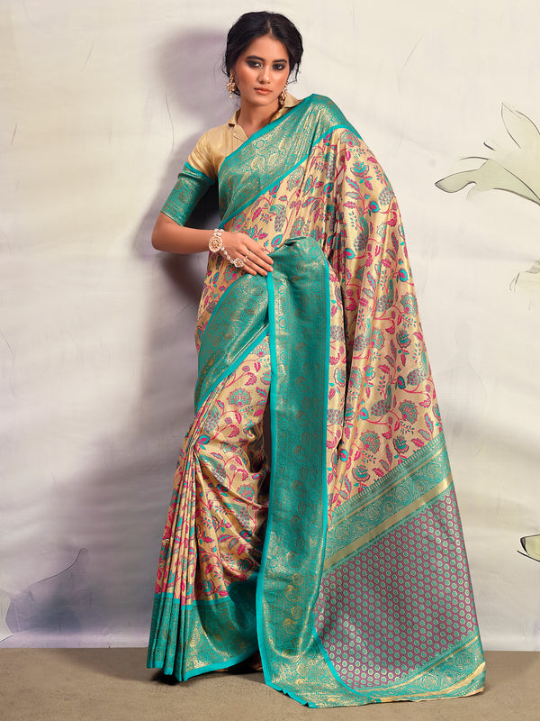 Astonishing Turquoise Blue Printed Silk Saree With Blouse