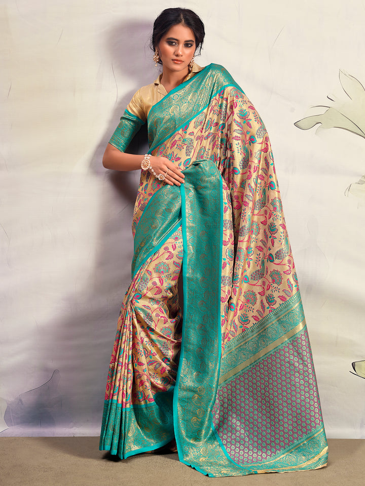 Astonishing Turquoise Blue Printed Silk Saree With Blouse
