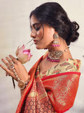 Incredible Cream Zari Weaving Silk Traditional Saree With Blouse