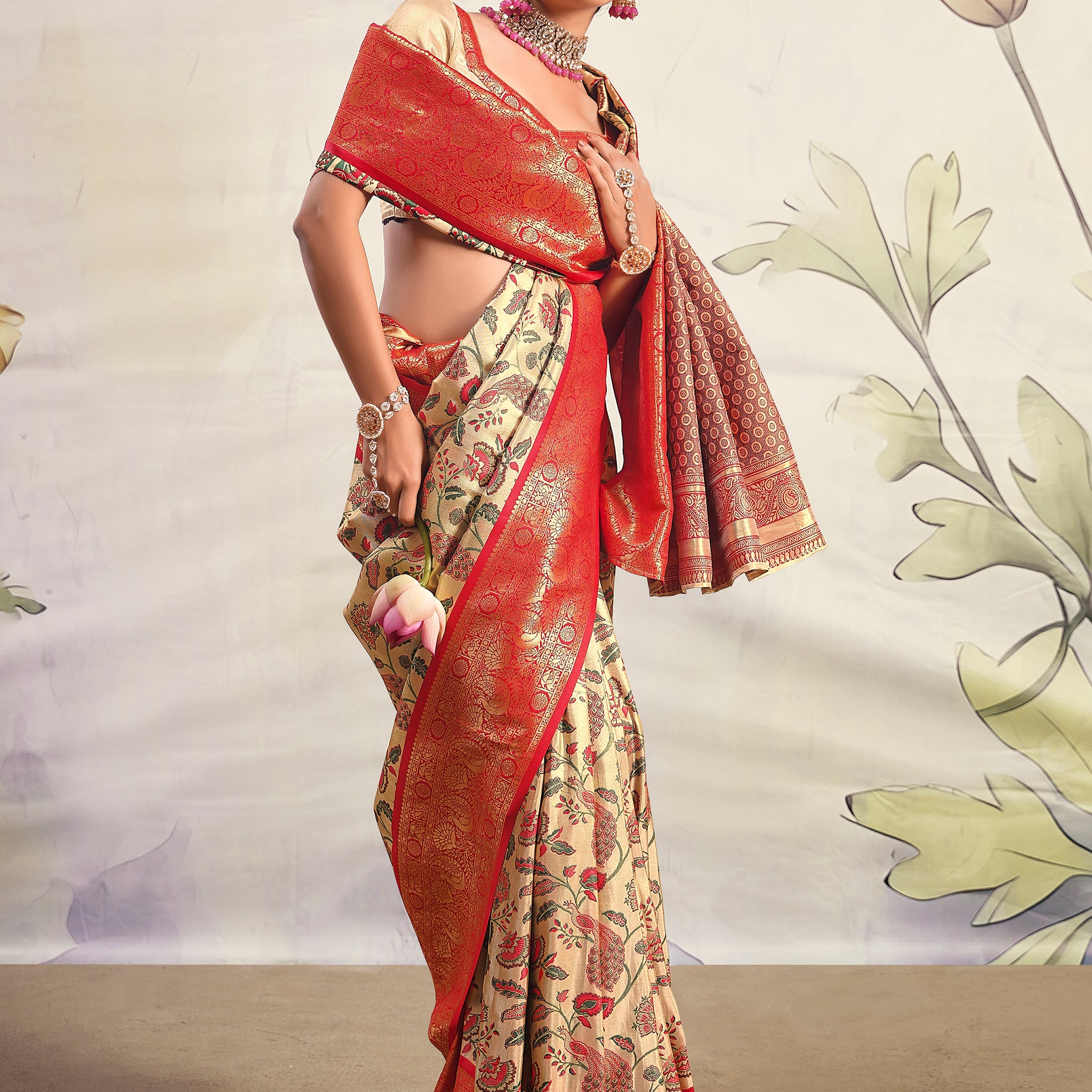 Incredible Cream Zari Weaving Silk Traditional Saree With Blouse