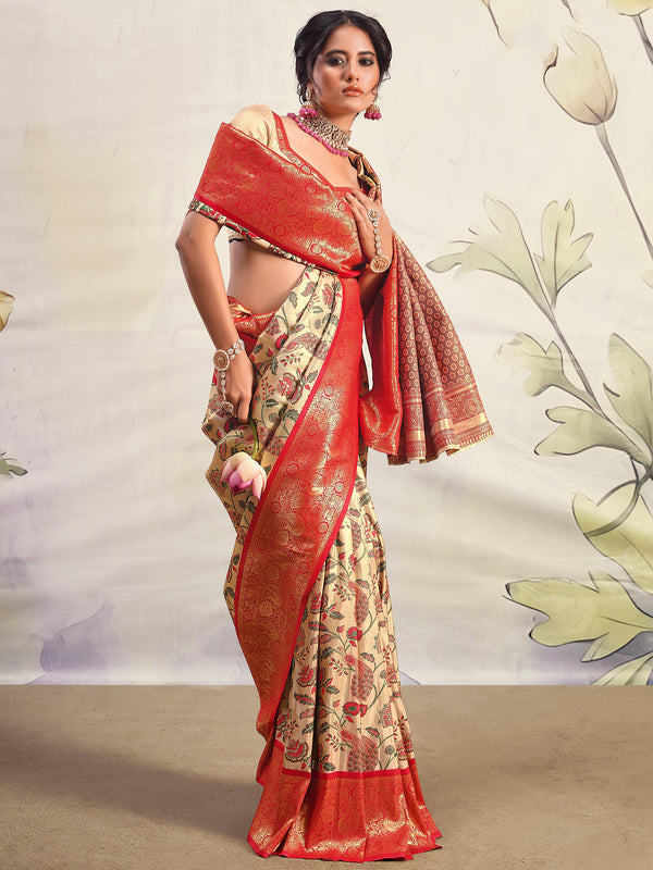 Incredible Cream Zari Weaving Silk Traditional Saree With Blouse