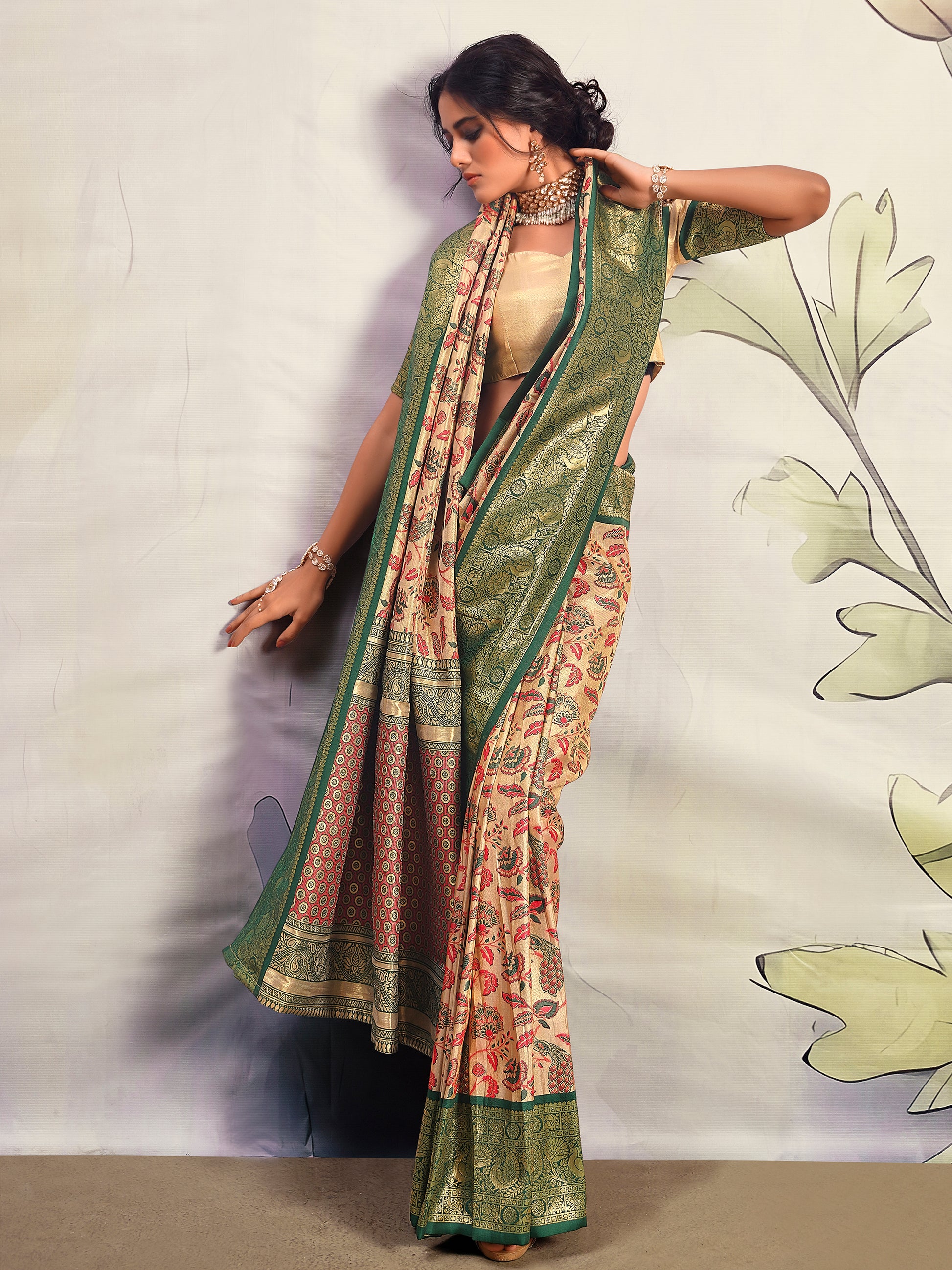 Outstanding Green Printed Silk Festival Wear Saree With Blouse