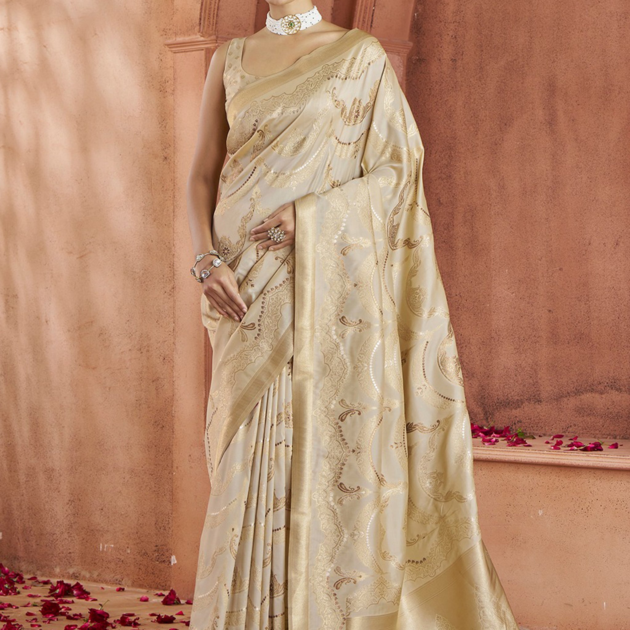 Alluring Cream Zari Weaving Banarasi Silk Event Wear Saree
