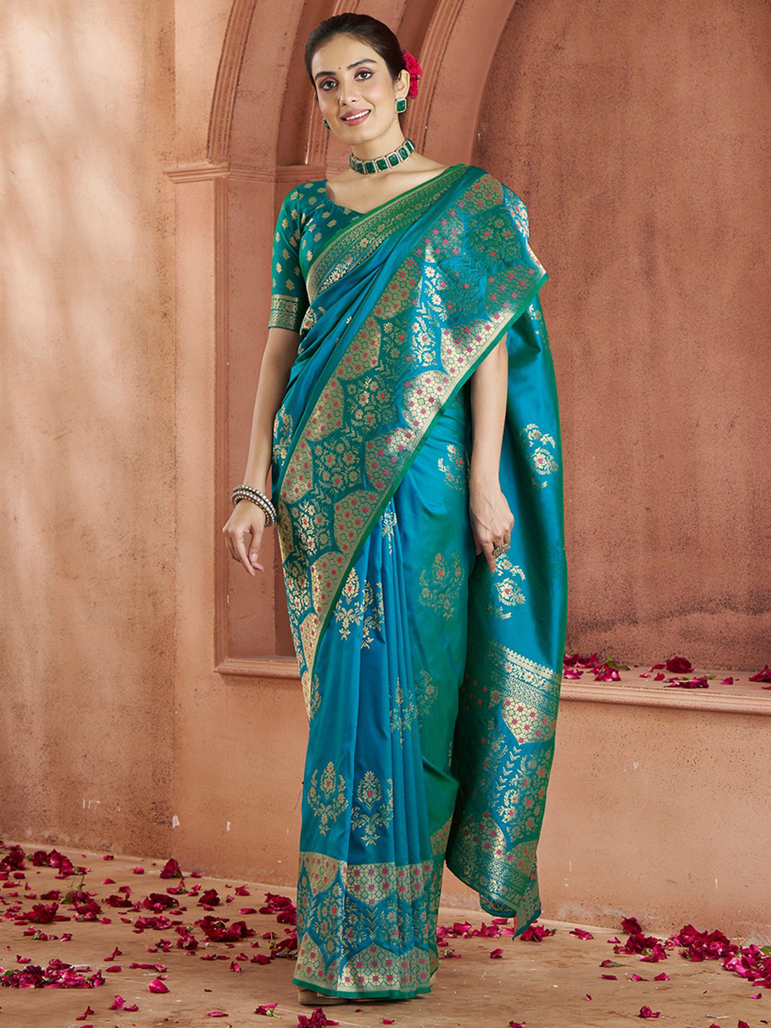 Captivating Teal Blue Zari Weaving Banarasi Silk Festival Wear Saree