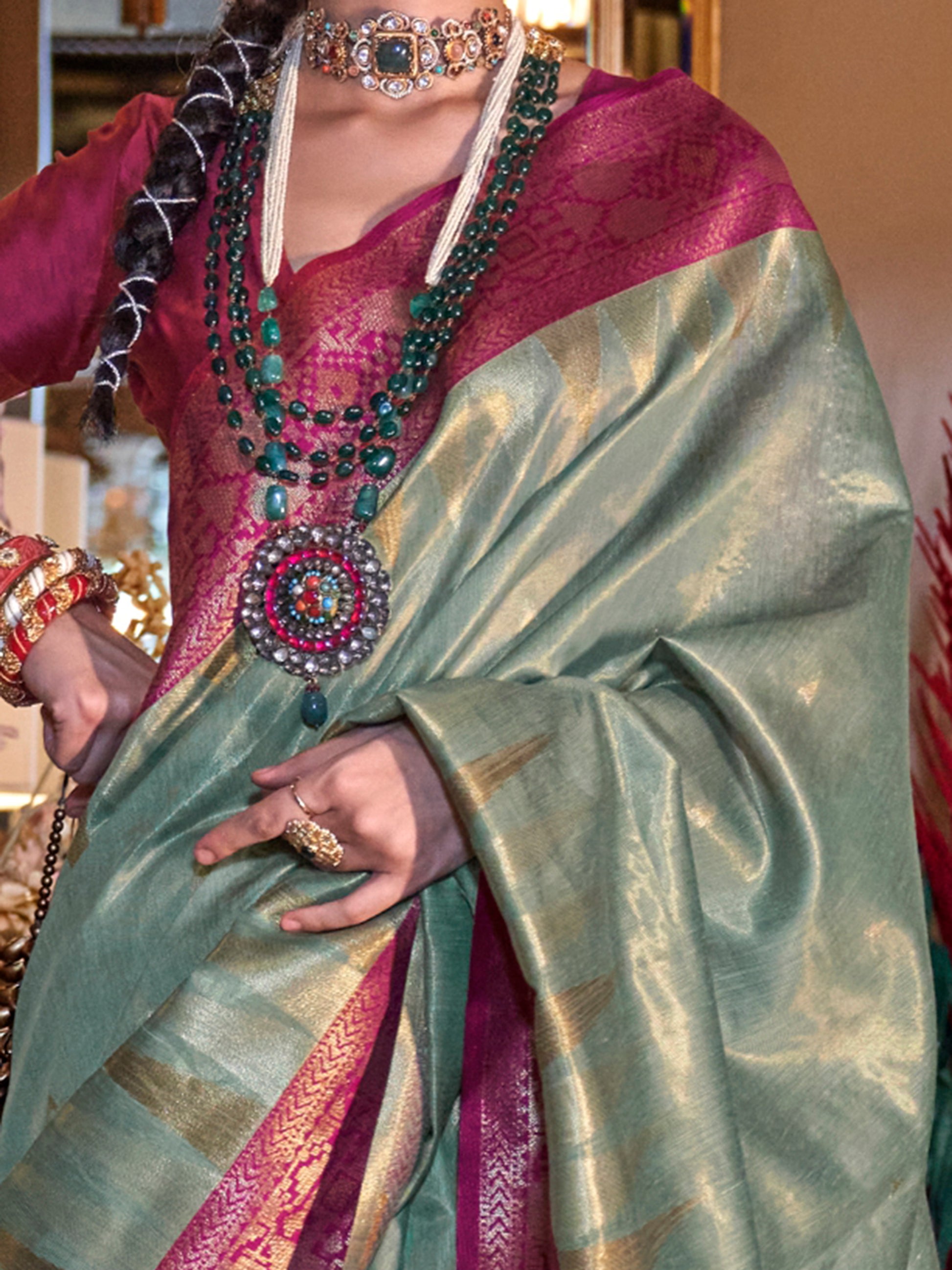 Charming Pista Green Zari Weaving Tissue Silk Saree With Blouse