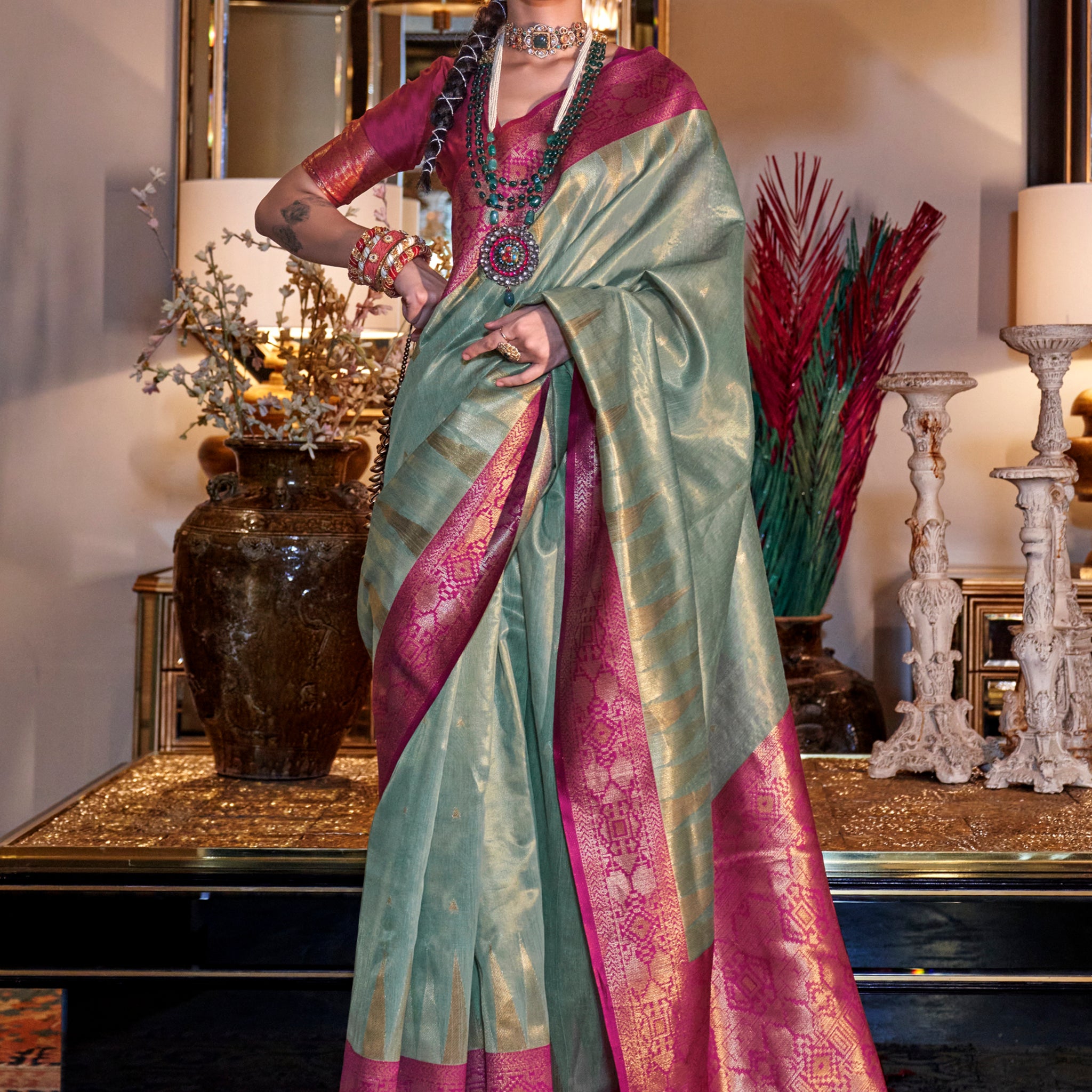 Charming Pista Green Zari Weaving Tissue Silk Saree With Blouse