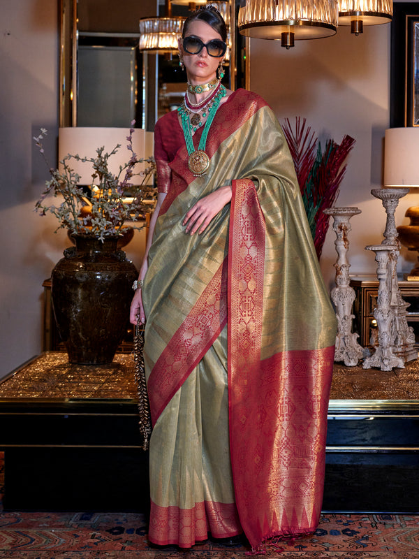 Fabulous Olive Green Zari Weaving Tissue Silk Event Wear Saree