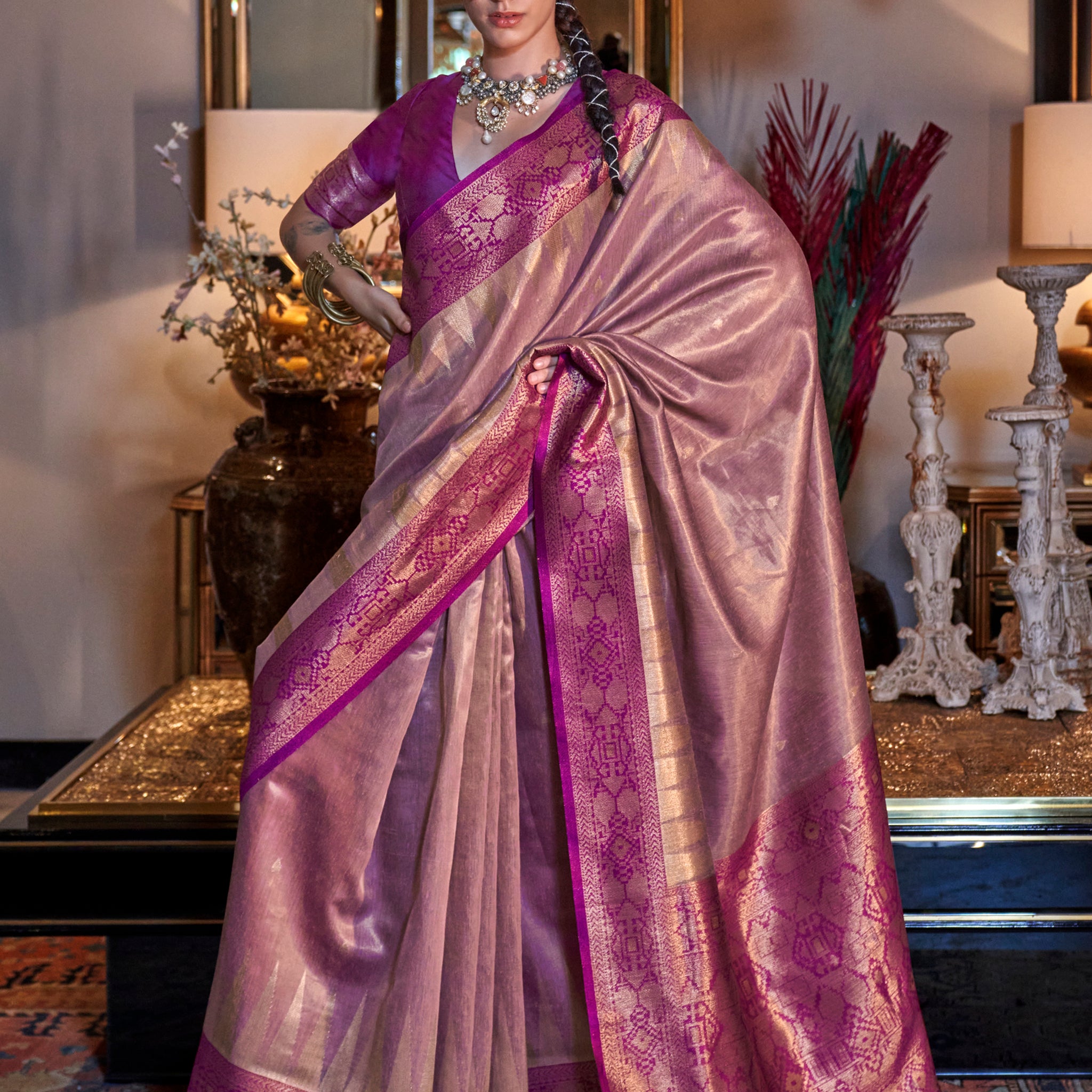Stunning Pink Zari Weaving Tissue Silk Festival Wear Saree With Blouse