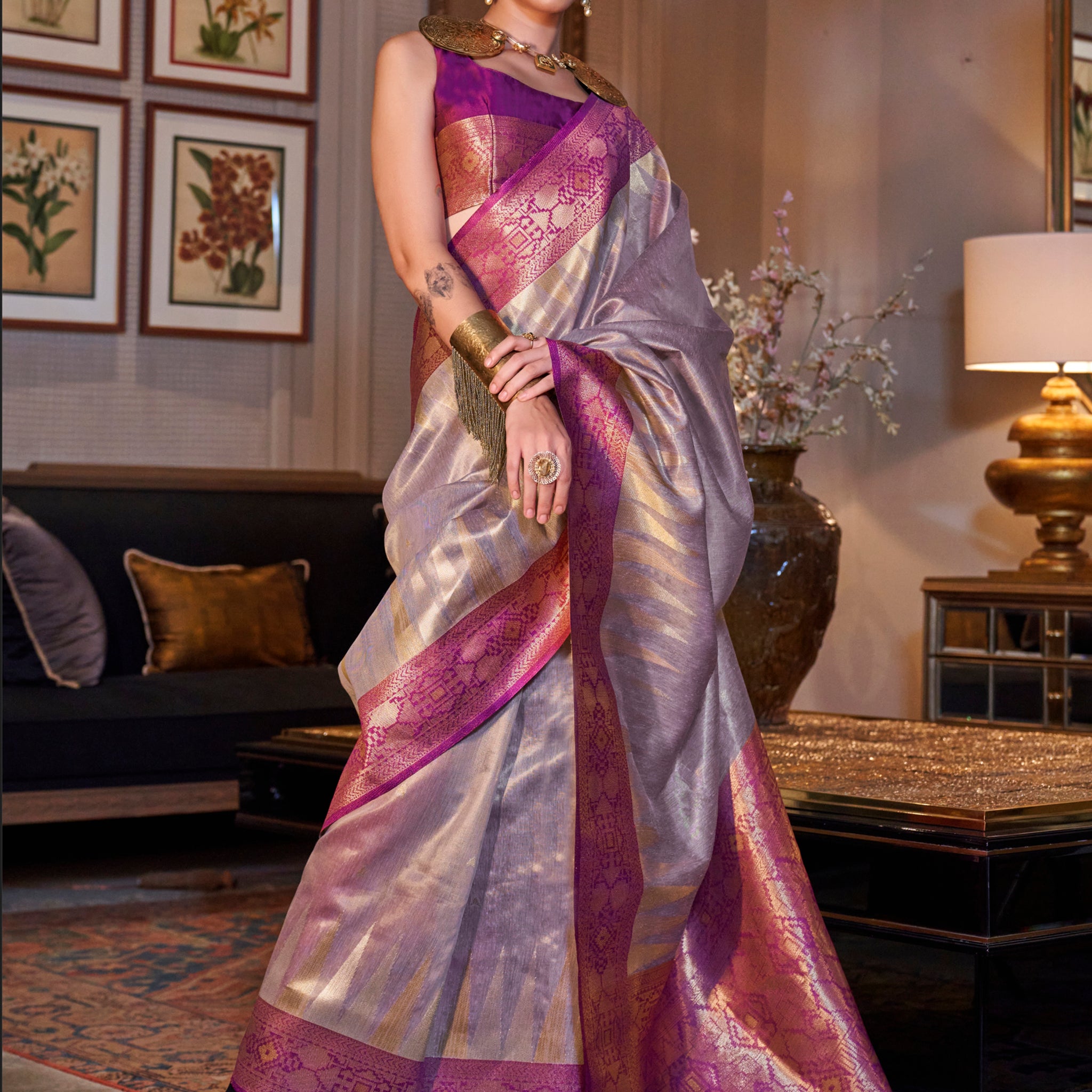 Wonderful Lavender Zari Weaving Tissue Silk Festival Wear Saree