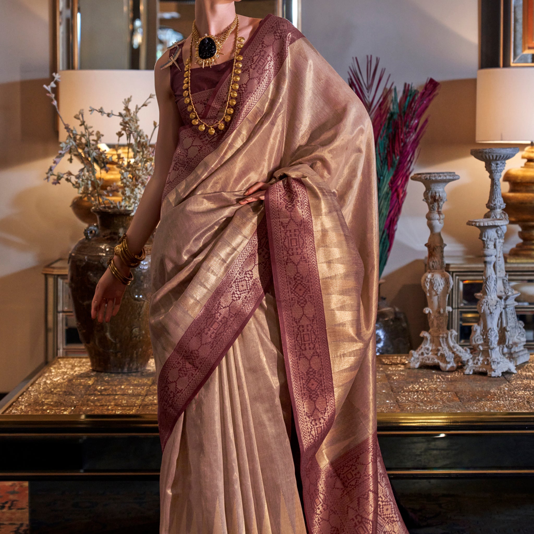 Gorgeous Brown Zari Weaving Tissue Silk Event Wear Saree With Blouse