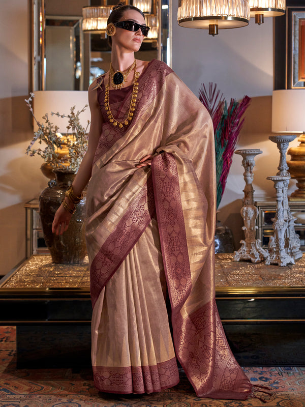 Gorgeous Brown Zari Weaving Tissue Silk Event Wear Saree With Blouse