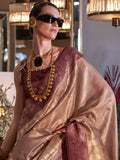 Gorgeous Brown Zari Weaving Tissue Silk Event Wear Saree With Blouse