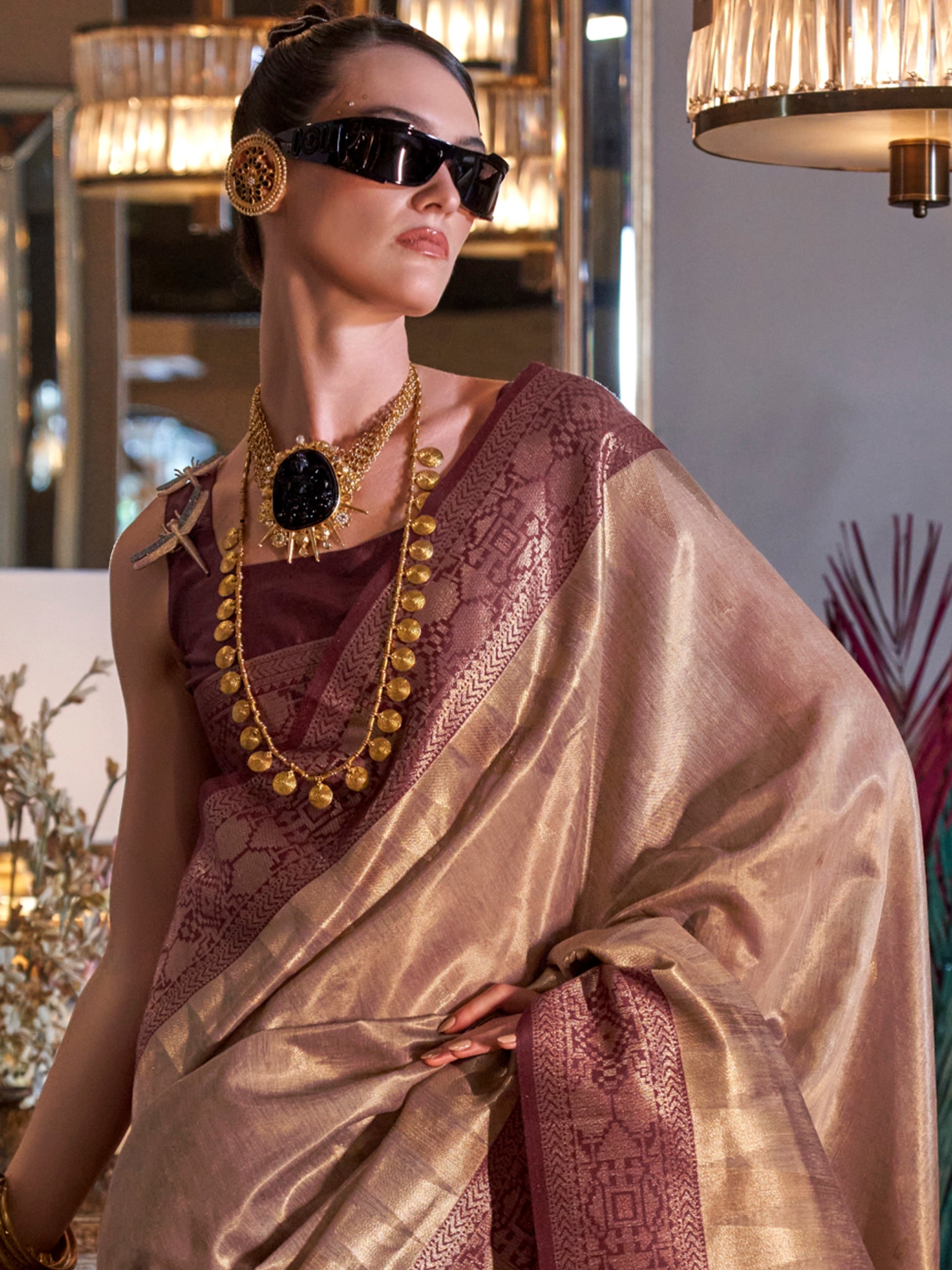 Gorgeous Brown Zari Weaving Tissue Silk Event Wear Saree With Blouse