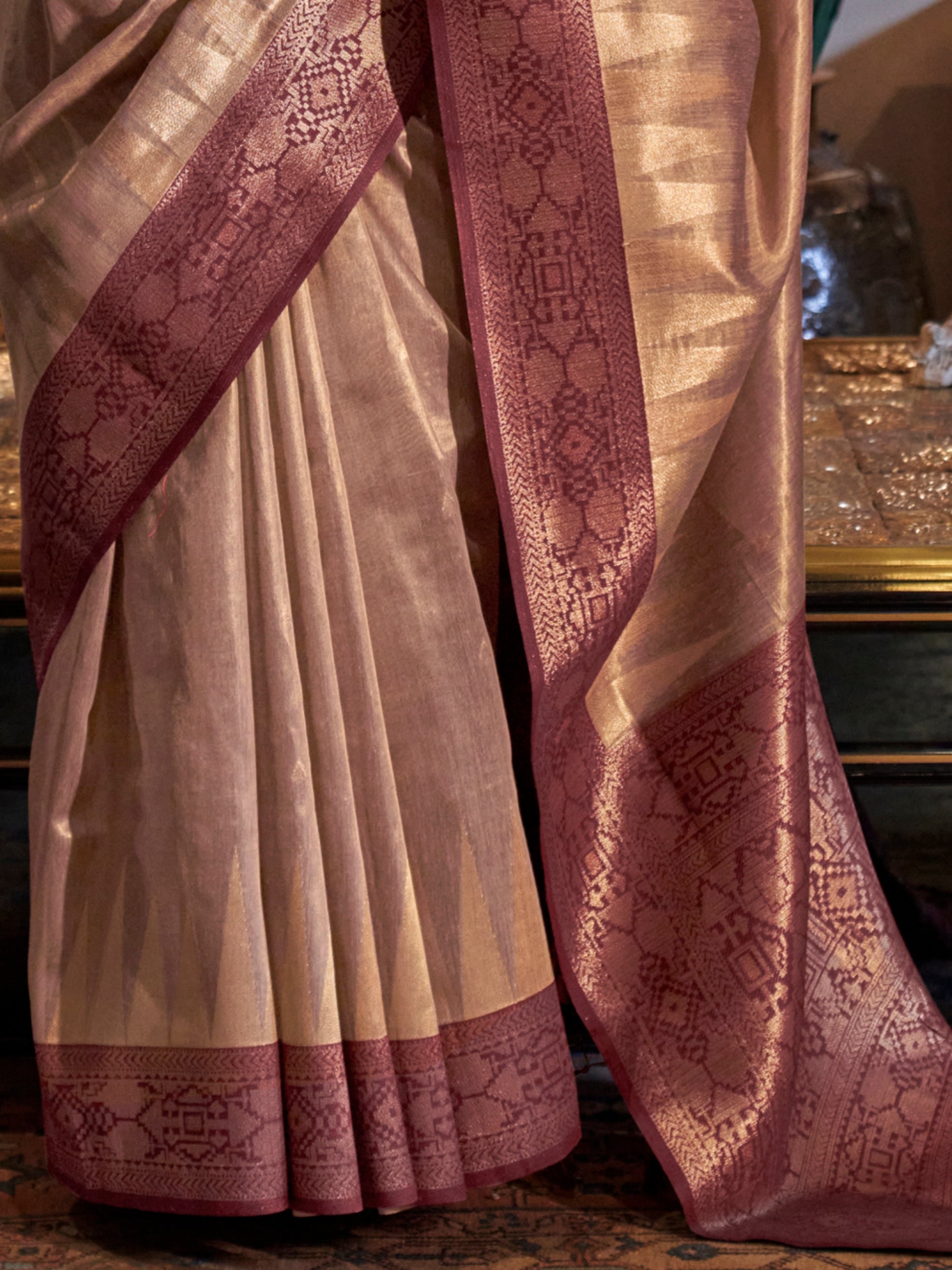 Gorgeous Brown Zari Weaving Tissue Silk Event Wear Saree With Blouse