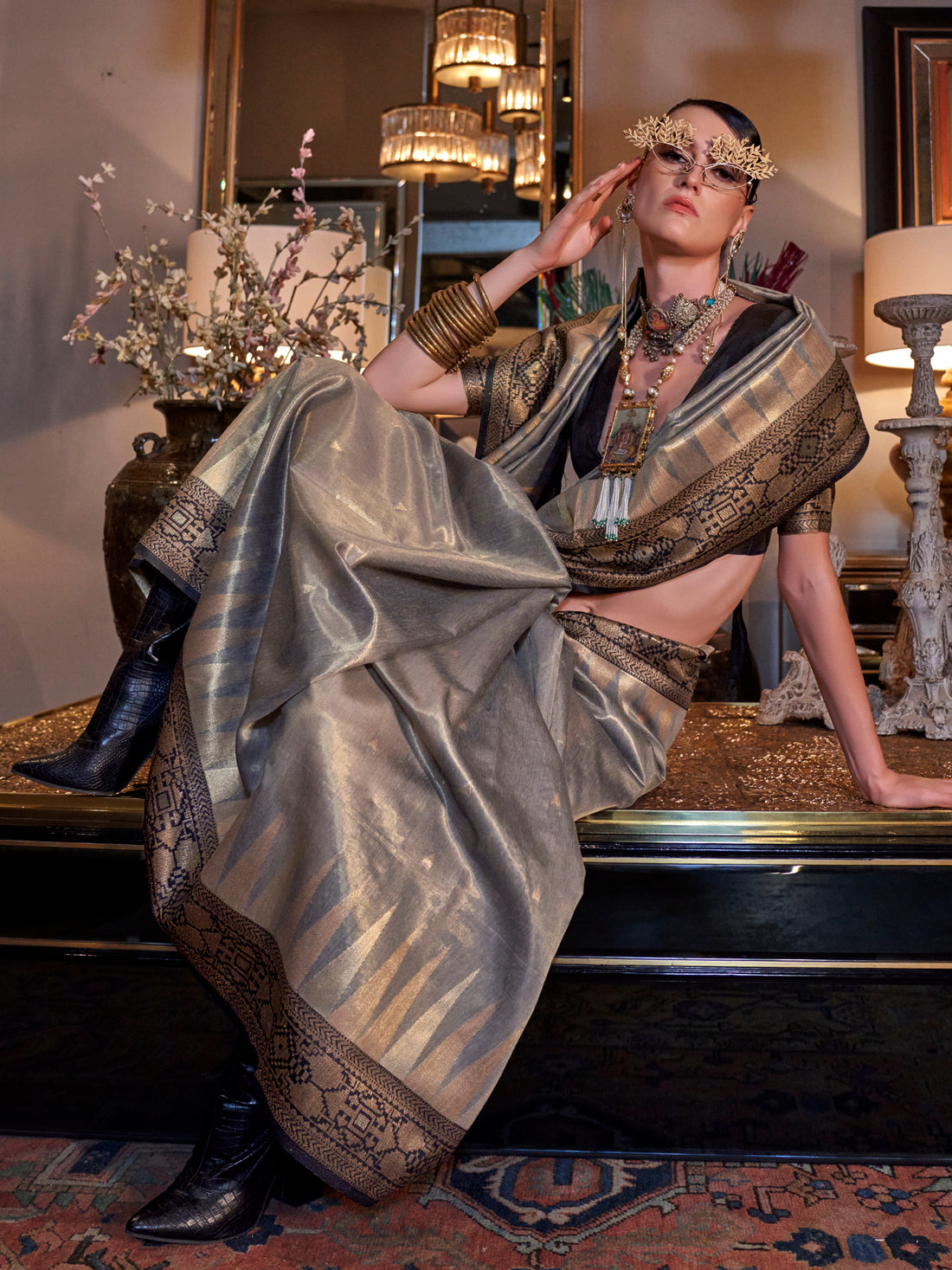 Beautiful Grey Zari Weaving Tissue Silk Traditional Saree With Blouse