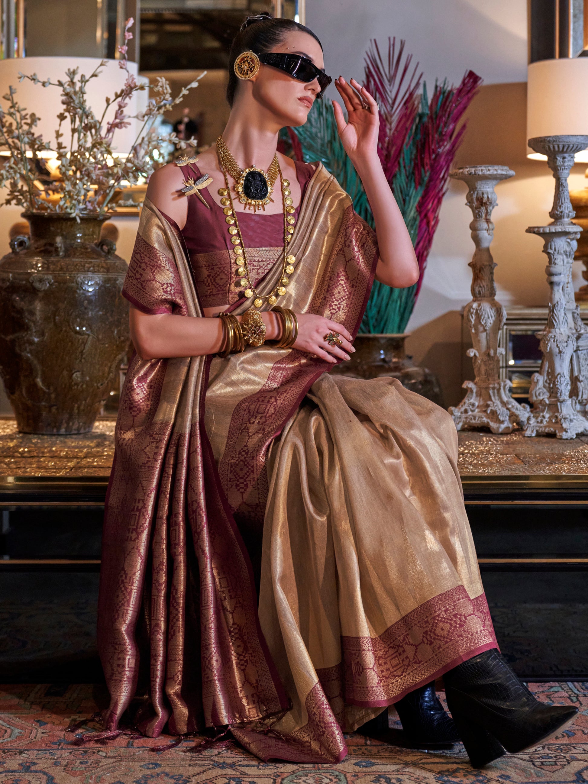 Gorgeous Brown Zari Weaving Tissue Silk Event Wear Saree With Blouse